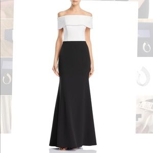 Aqua color block off the shoulder gown
